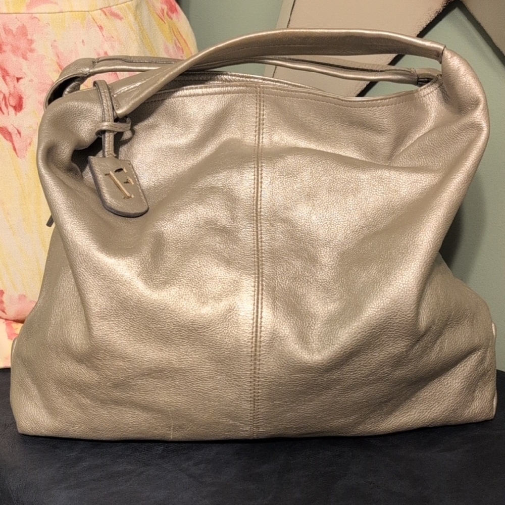 Elegant Metallic Leather Tote Bag Furla Hobo Purse 18 x 14 Clean